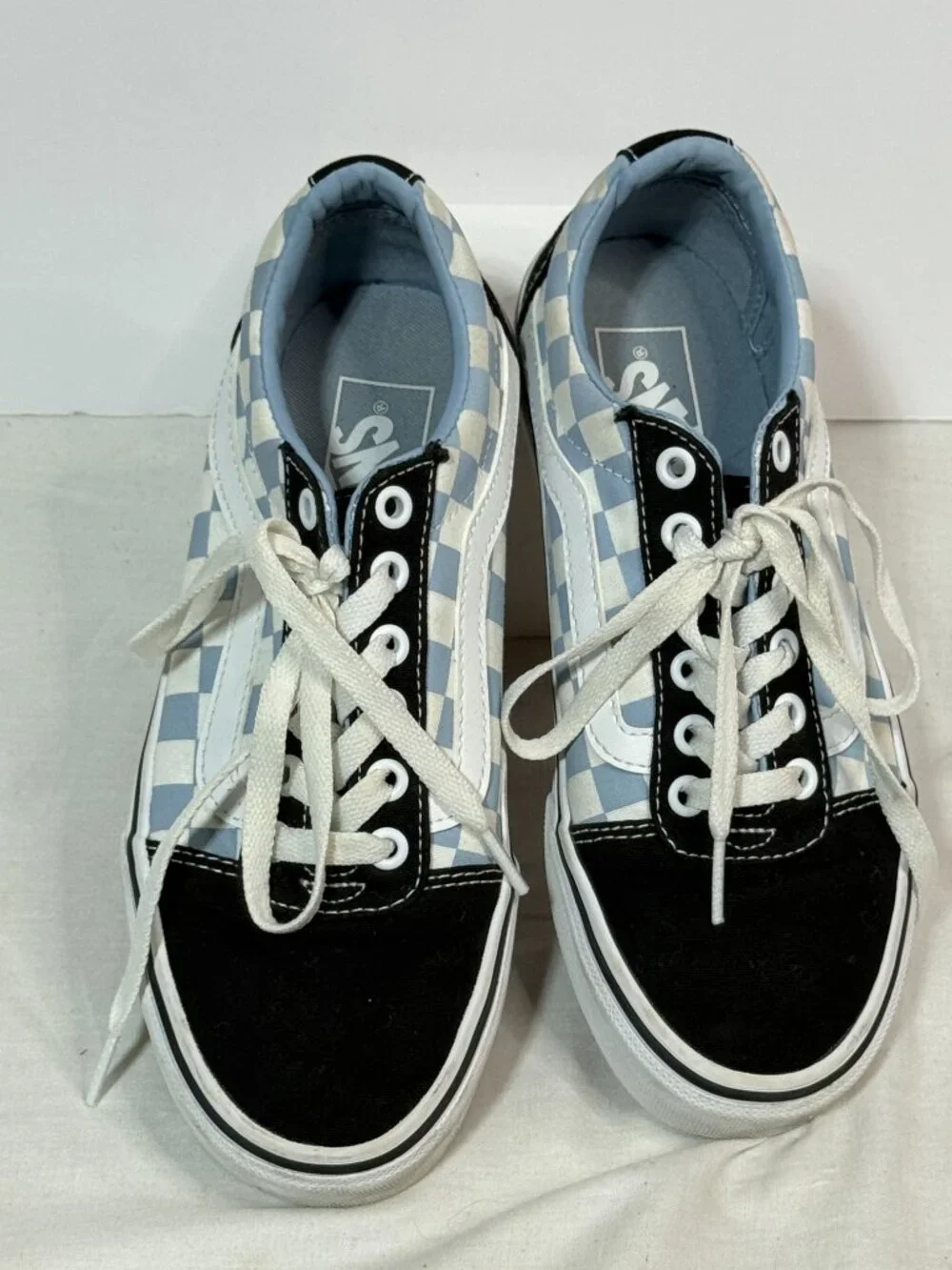 Vans Old Skool Blue Checkerboard Sneakers Black Suede Low Top Women's Size 7